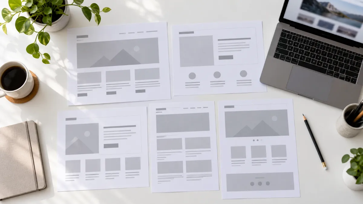 Des maquettes de pages web imprimées sont alignées près d’un ordinateur portable sur une table blanche.