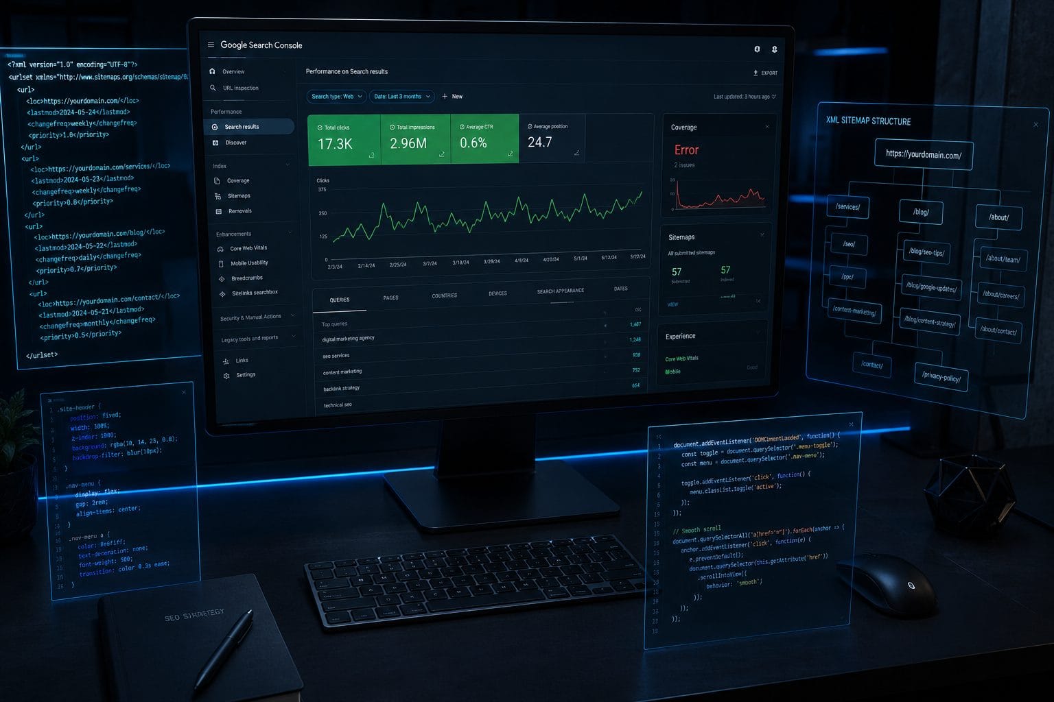 Tableau de bord Google Search Console avec alertes SEO et structure de Sitemap XML
