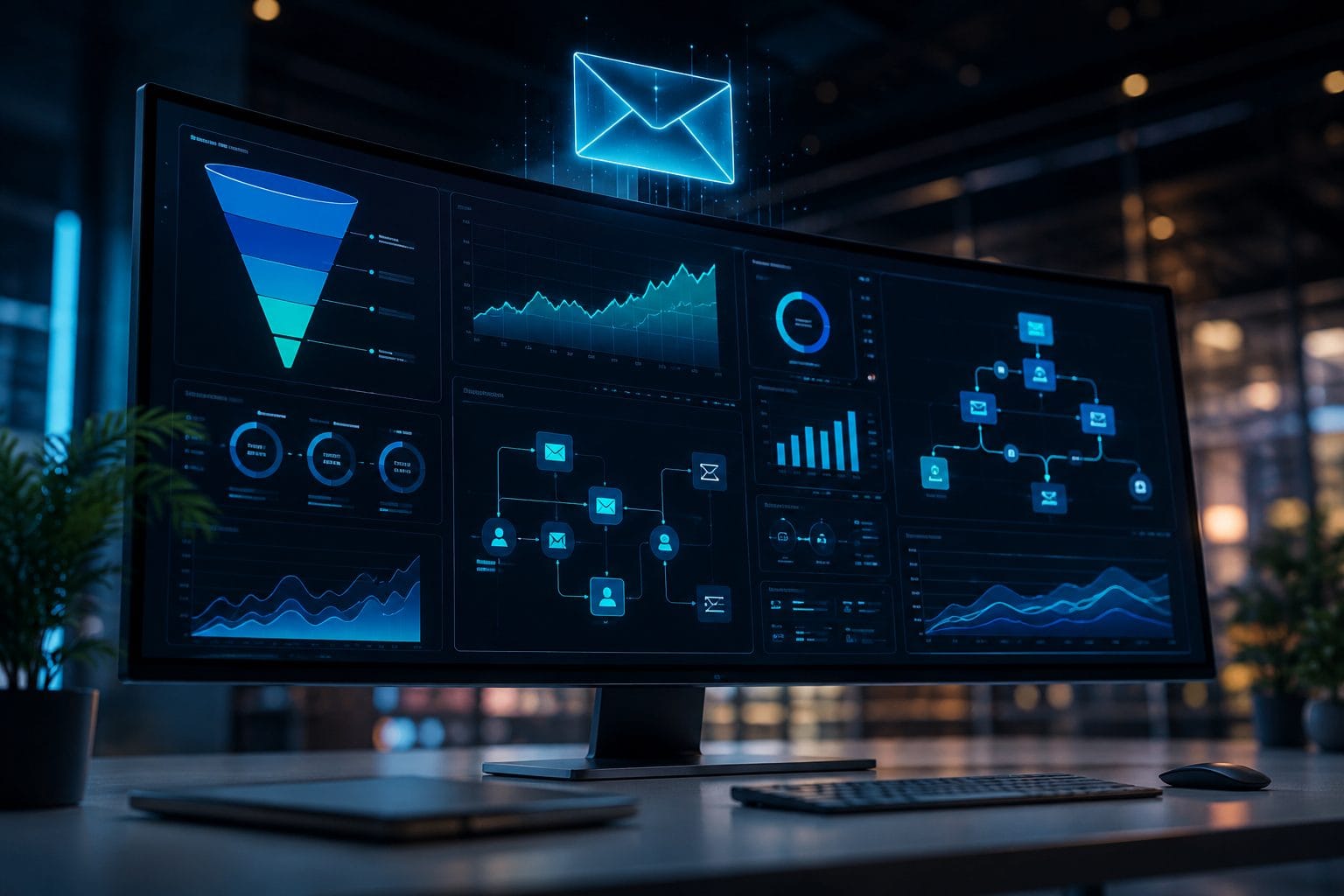 Tableau de bord d'une stratégie d'email marketing SaaS avec graphiques de conversion et automatisation des campagnes
