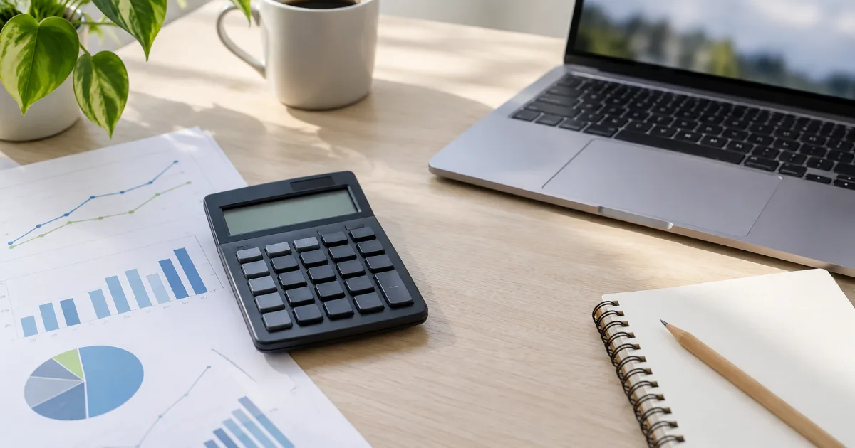 Une calculatrice et des graphiques imprimés sont disposés près d’un ordinateur sur un bureau clair.